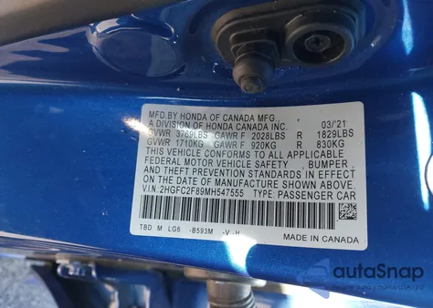 2021 Honda Civic Sport z USA, uszkodzony, nr VIN 2HGFC2F89MH547555